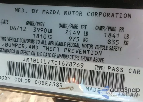 2012 Mazda Mazda3 I Touring z USA, uszkodzony, nr VIN JM1BL1L73C1678769